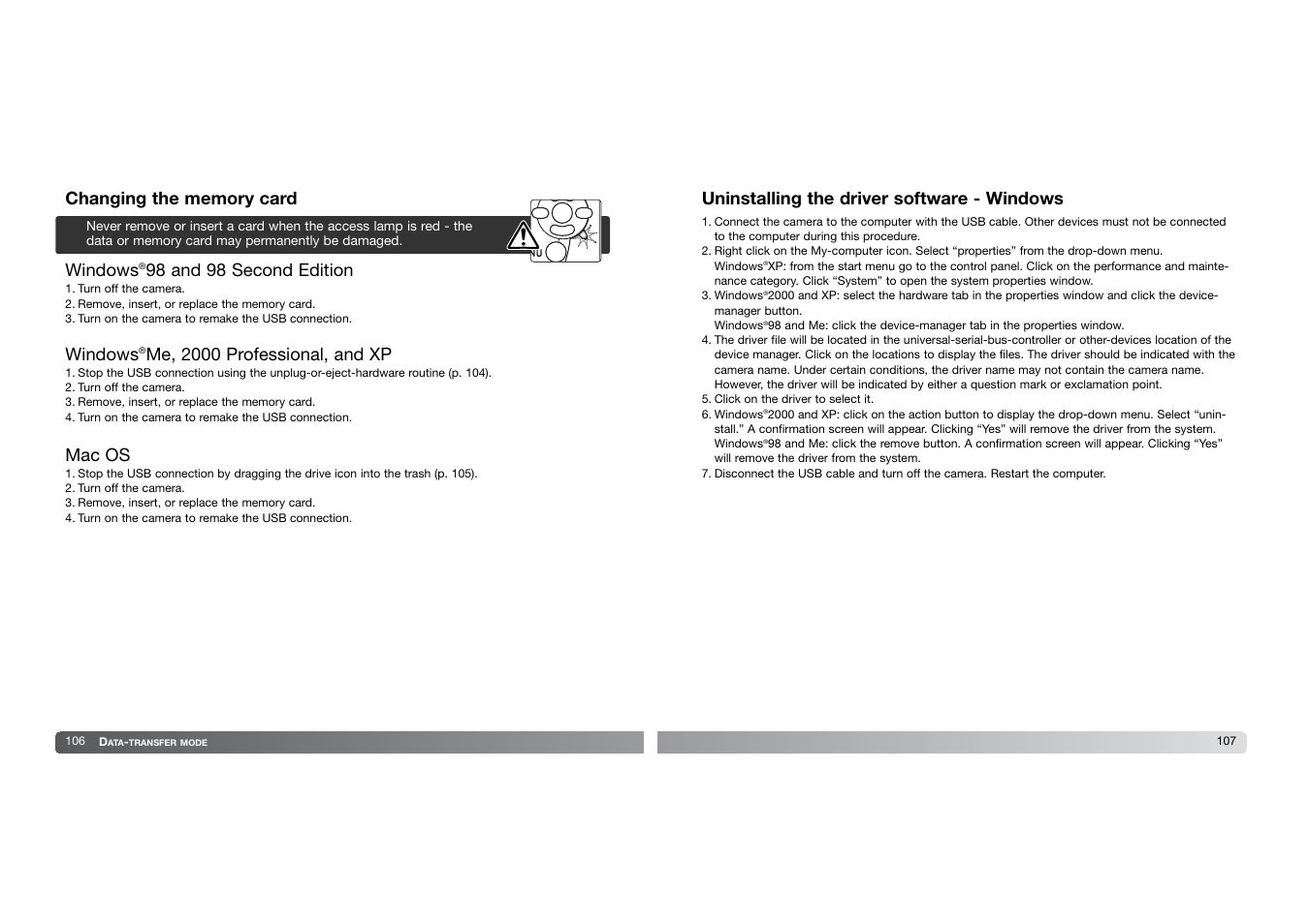 98 and 98 second edition, Windows, Me, 2000 professional, and xp mac os | Uninstalling the driver software - windows | Konica Minolta DIMAGE-Z20 User Manual | Page 54 / 62