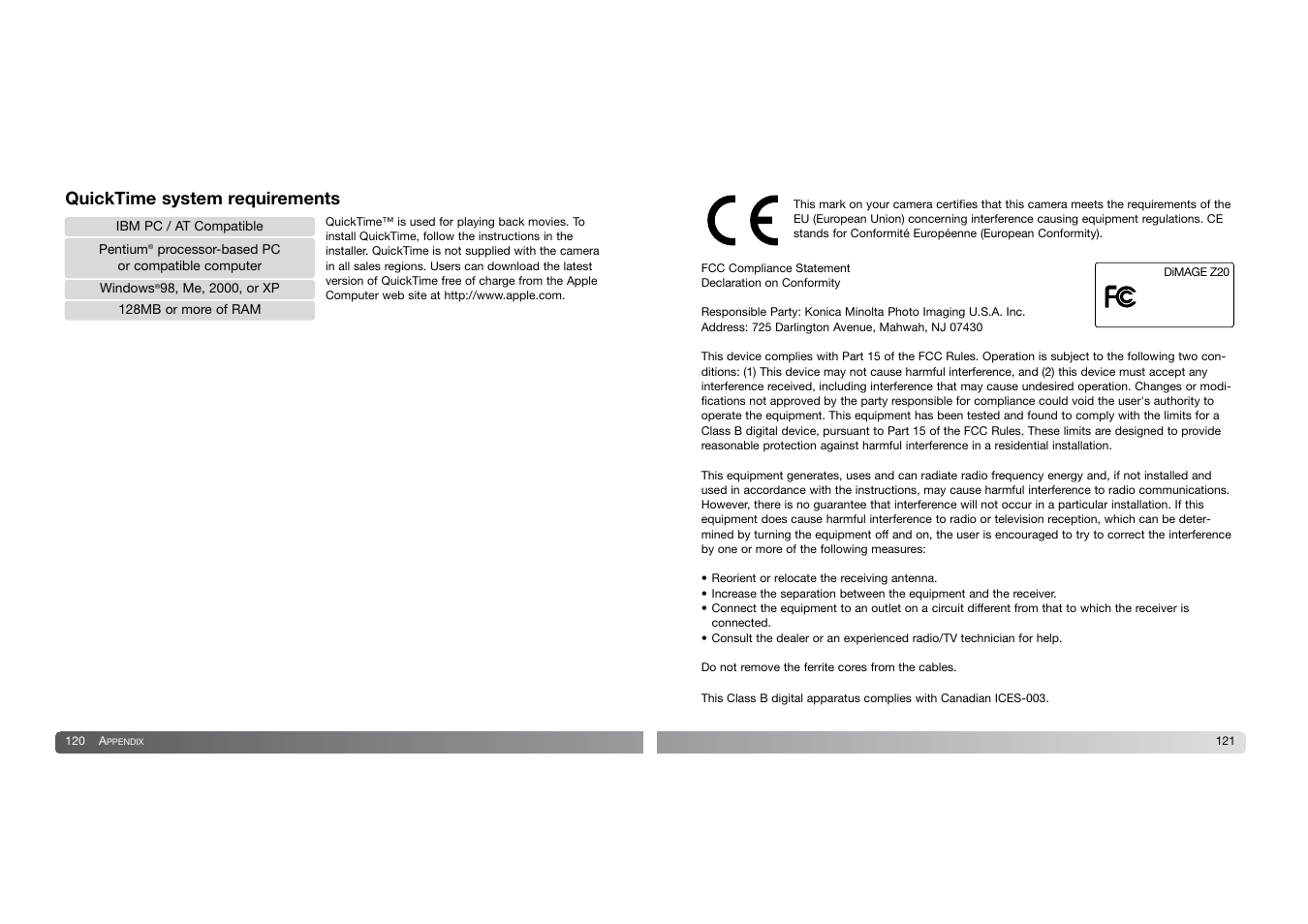 Quicktime system requirements | Konica Minolta DIMAGE-Z20 User Manual | Page 61 / 62
