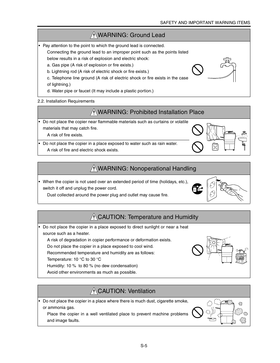 Warning: prohibited installation place, Warning: nonoperational handling, Caution: temperature and humidity | Caution: ventilation, Warning: ground lead | Konica Minolta CF5001 User Manual | Page 10 / 130