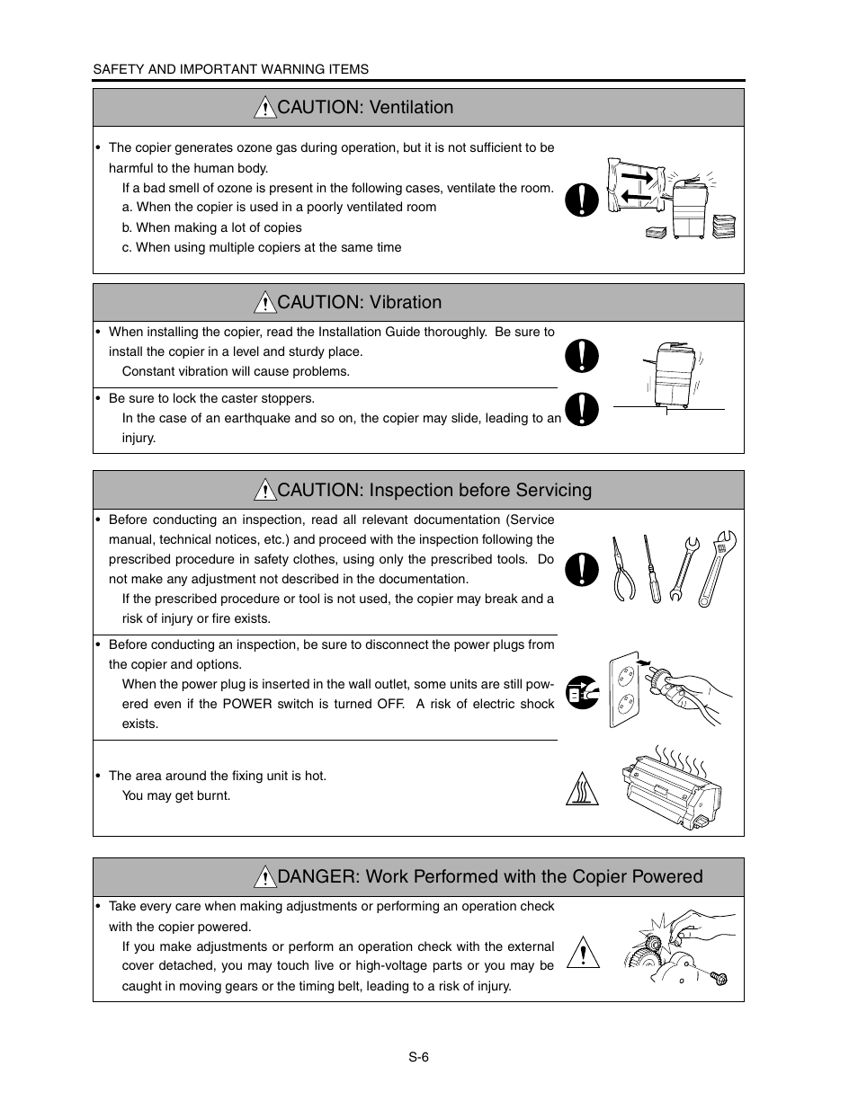 Caution: vibration, Caution: inspection before servicing, Danger: work performed with the copier powered | Caution: ventilation | Konica Minolta CF5001 User Manual | Page 11 / 130