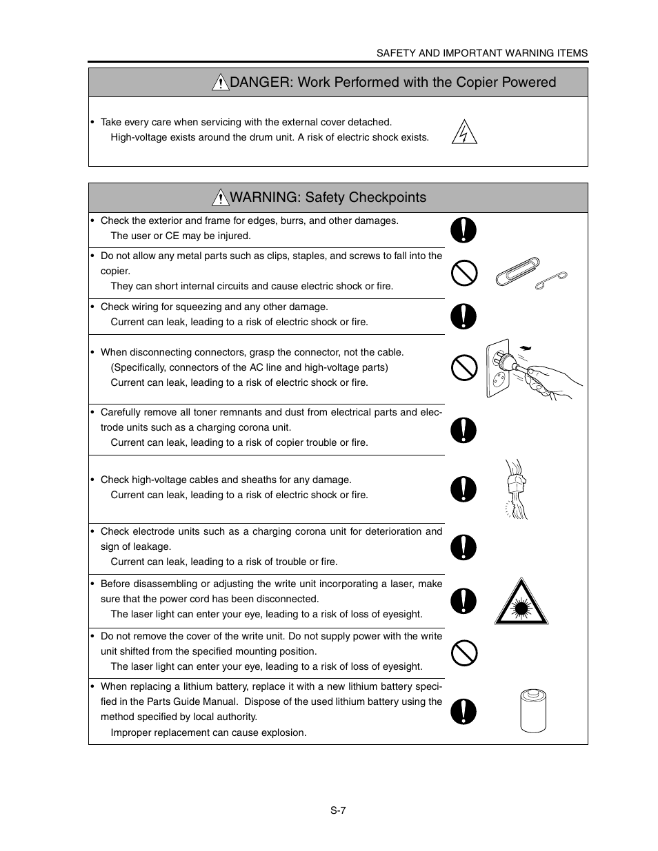 Warning: safety checkpoints, Danger: work performed with the copier powered | Konica Minolta CF5001 User Manual | Page 12 / 130