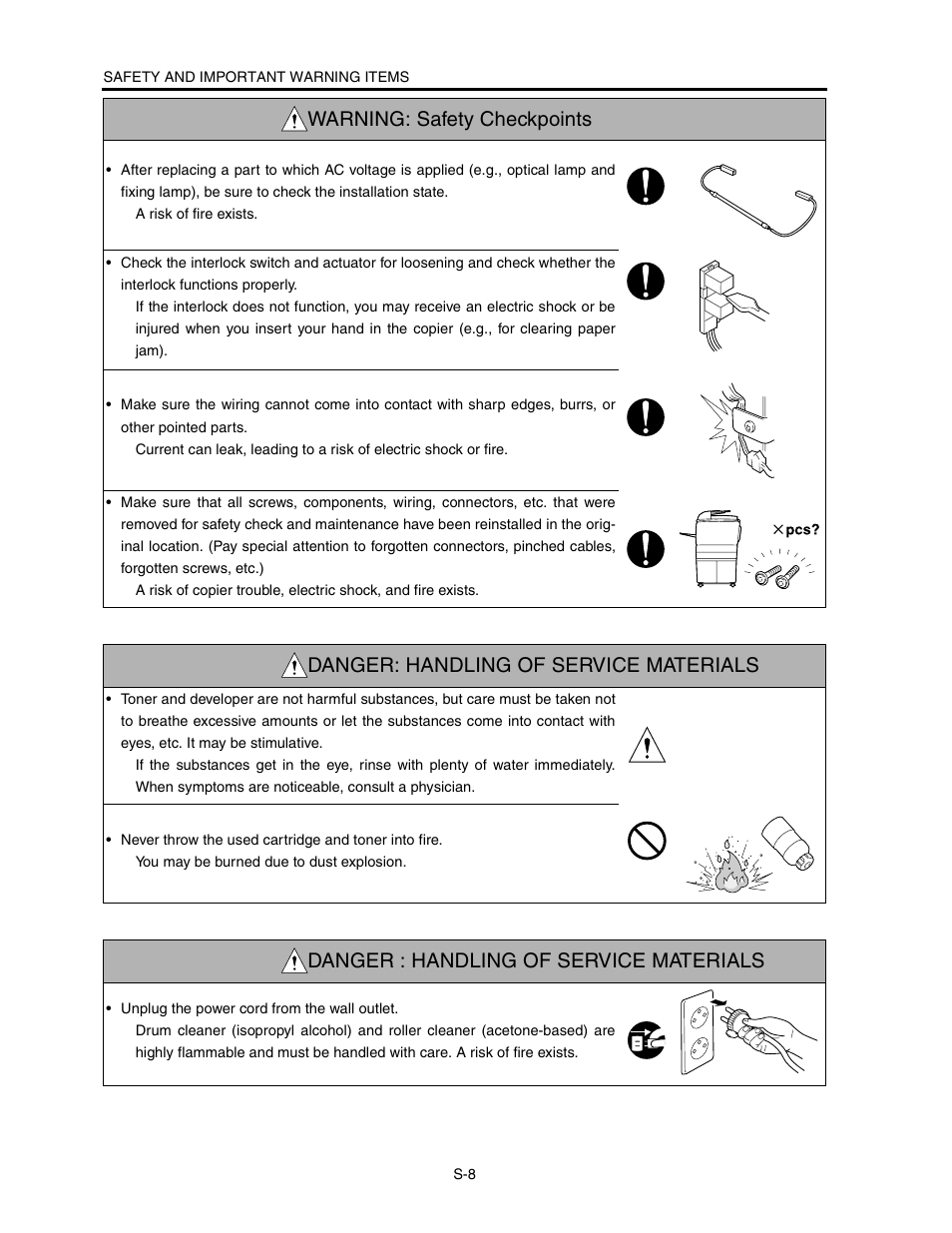 Warning: safety checkpoints, Danger: handling of service materials, Danger : handling of service materials | Konica Minolta CF5001 User Manual | Page 13 / 130