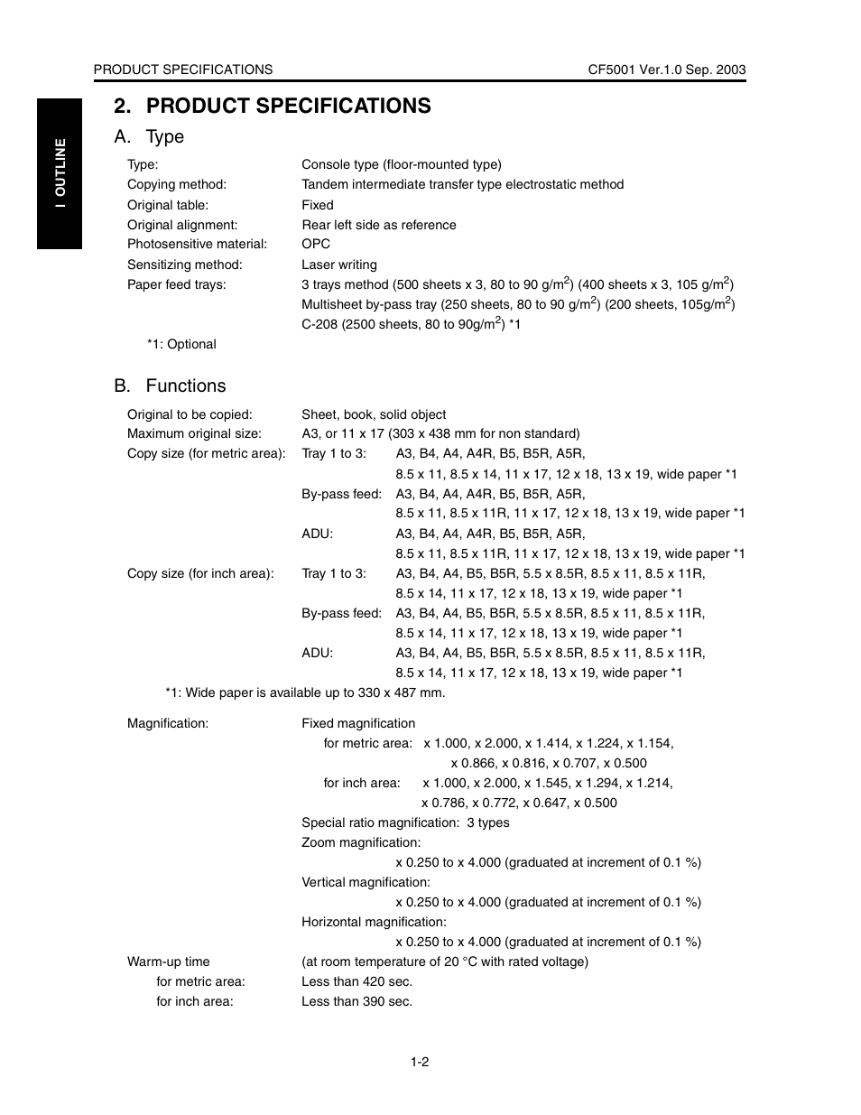 Product specificaitons, Product specifications, A. type | B. functions | Konica Minolta CF5001 User Manual | Page 25 / 130