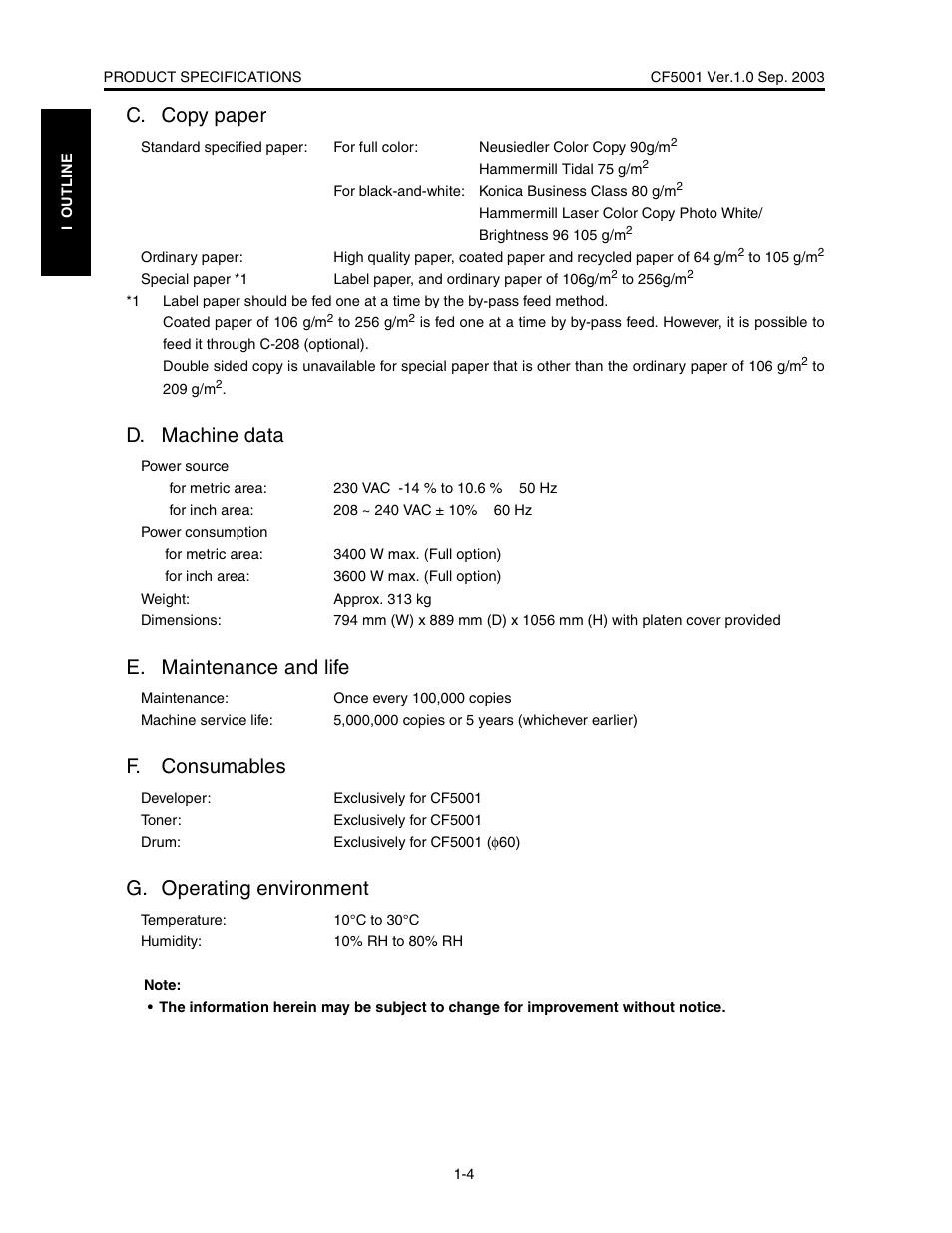 C. copy paper, D. machine data, E. maintenance and life | F. consumables, G. operating environment | Konica Minolta CF5001 User Manual | Page 27 / 130