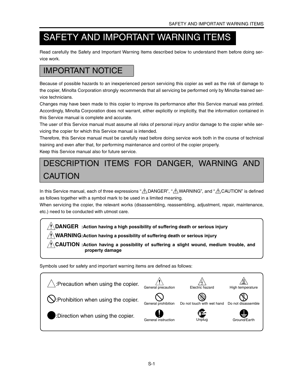 Safety and important warning items | Konica Minolta CF5001 User Manual | Page 6 / 130