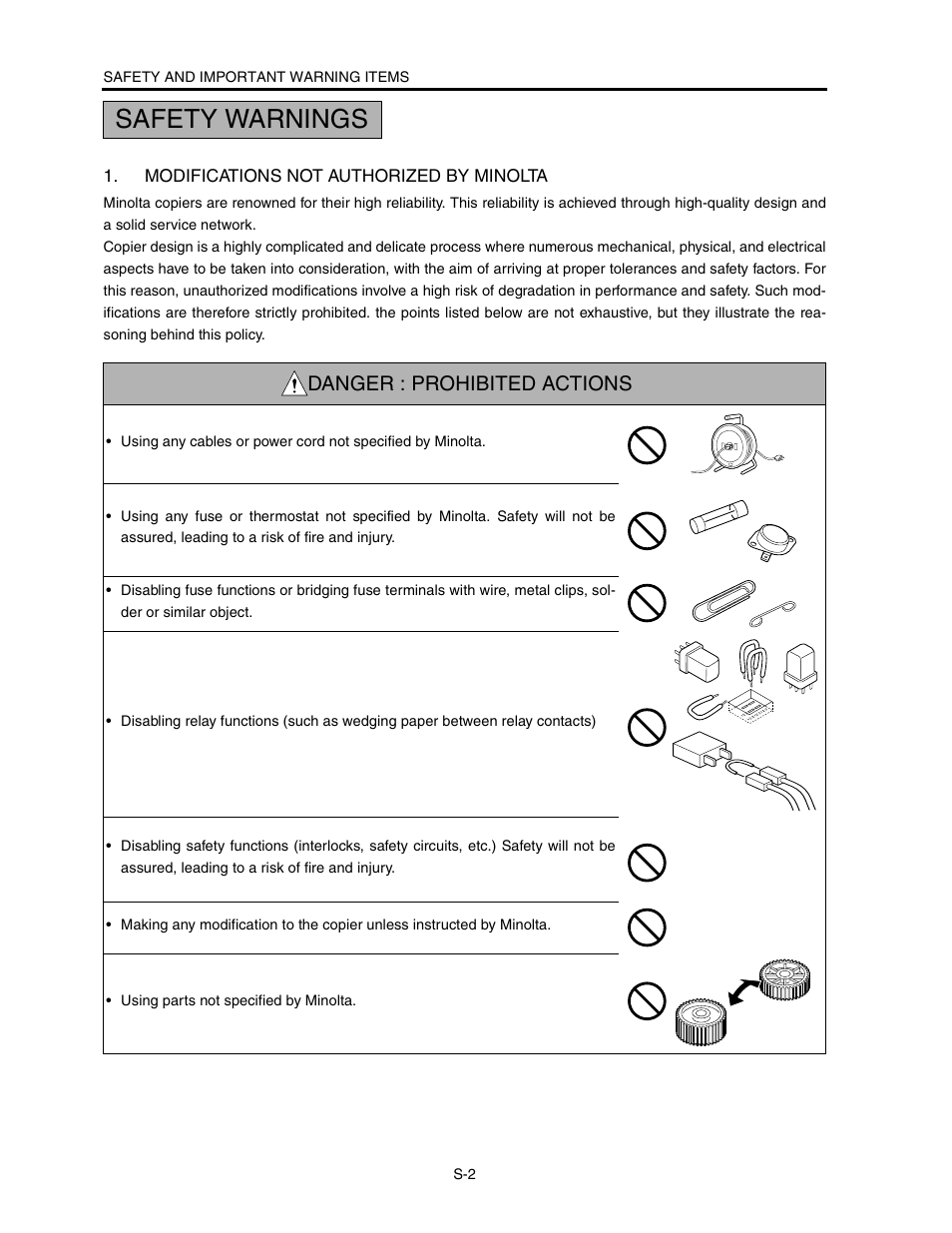 Safety warnings, Danger : prohibited actions | Konica Minolta CF5001 User Manual | Page 7 / 130