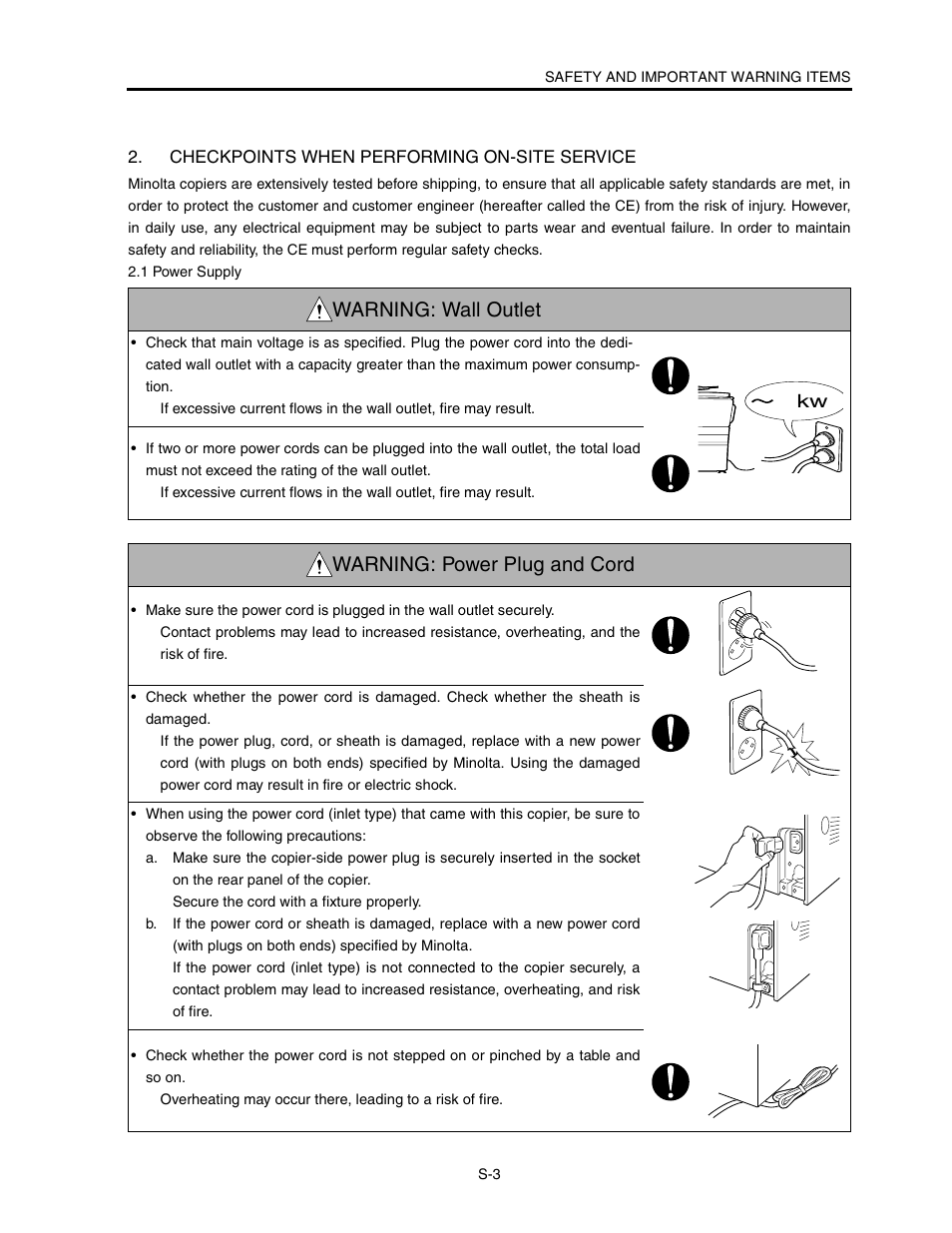 Warning: wall outlet, Warning: power plug and cord | Konica Minolta CF5001 User Manual | Page 8 / 130