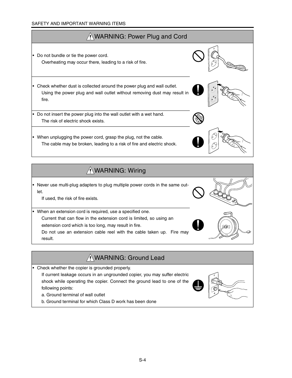 Warning: wiring, Warning: ground lead, Warning: power plug and cord | Konica Minolta CF5001 User Manual | Page 9 / 130