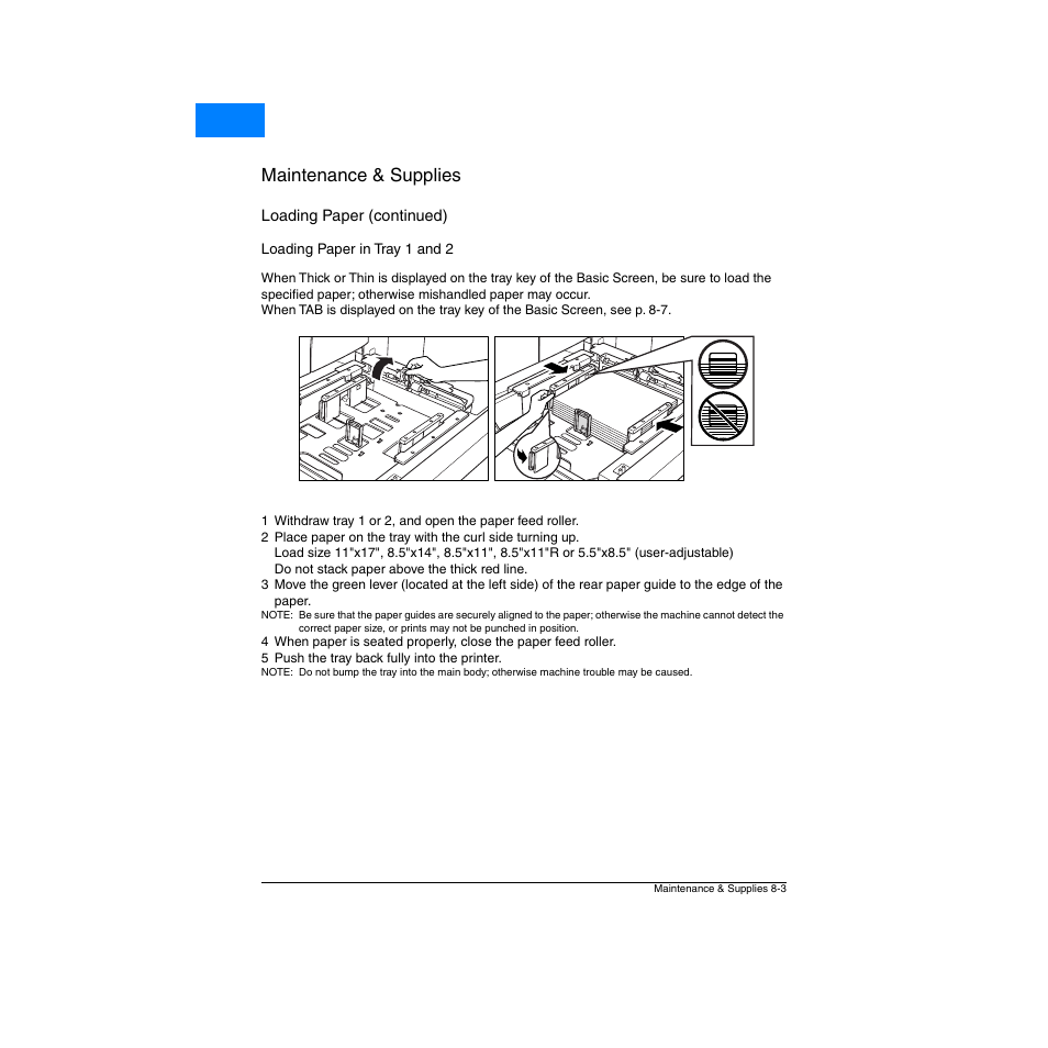 Loading paper in tray 1 and 2, Loading paper in tray 1 and 2 -3, Maintenance & supplies | Home | Konica Minolta Network Printer User Manual | Page 101 / 164