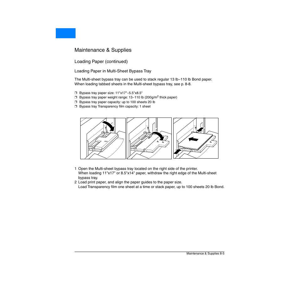 Loading paper in multi-sheet bypass tray, Loading paper in multi-sheet bypass tray -5, Maintenance & supplies | Home | Konica Minolta Network Printer User Manual | Page 103 / 164