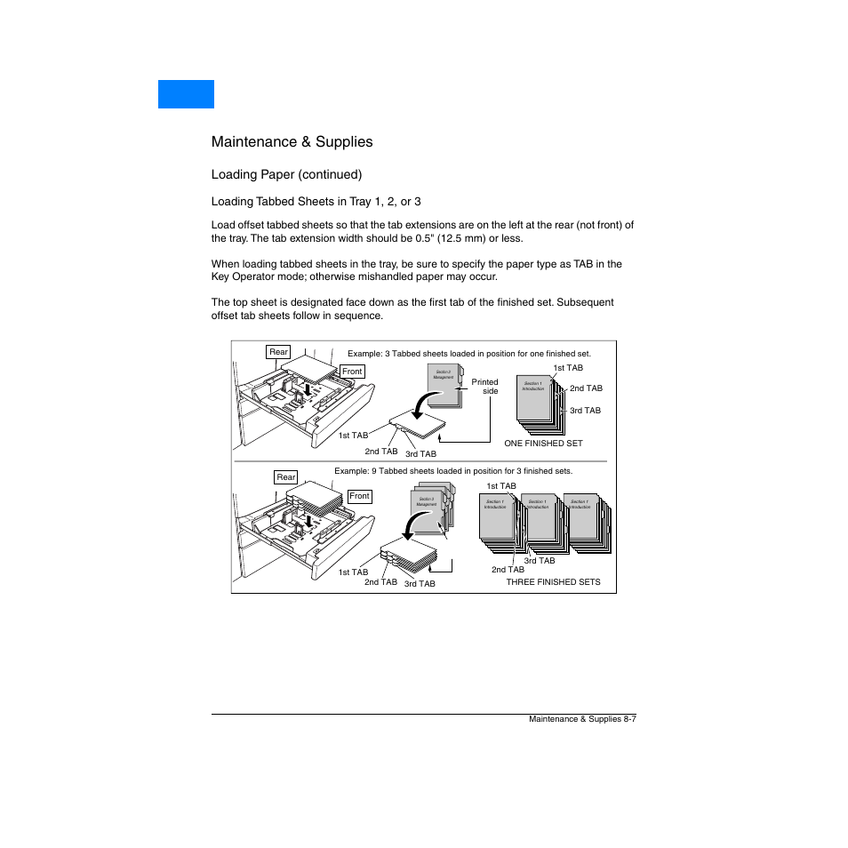 Loading tabbed sheets in tray 1, 2, or 3, Loading tabbed sheets in tray 1, 2, or 3 -7, Maintenance & supplies | Home, Loading paper (continued) | Konica Minolta Network Printer User Manual | Page 105 / 164