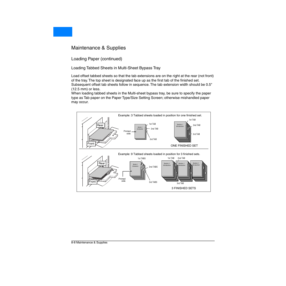 Loading tabbed sheets in multi-sheet bypass tray, Maintenance & supplies, Home | Loading paper (continued) | Konica Minolta Network Printer User Manual | Page 106 / 164
