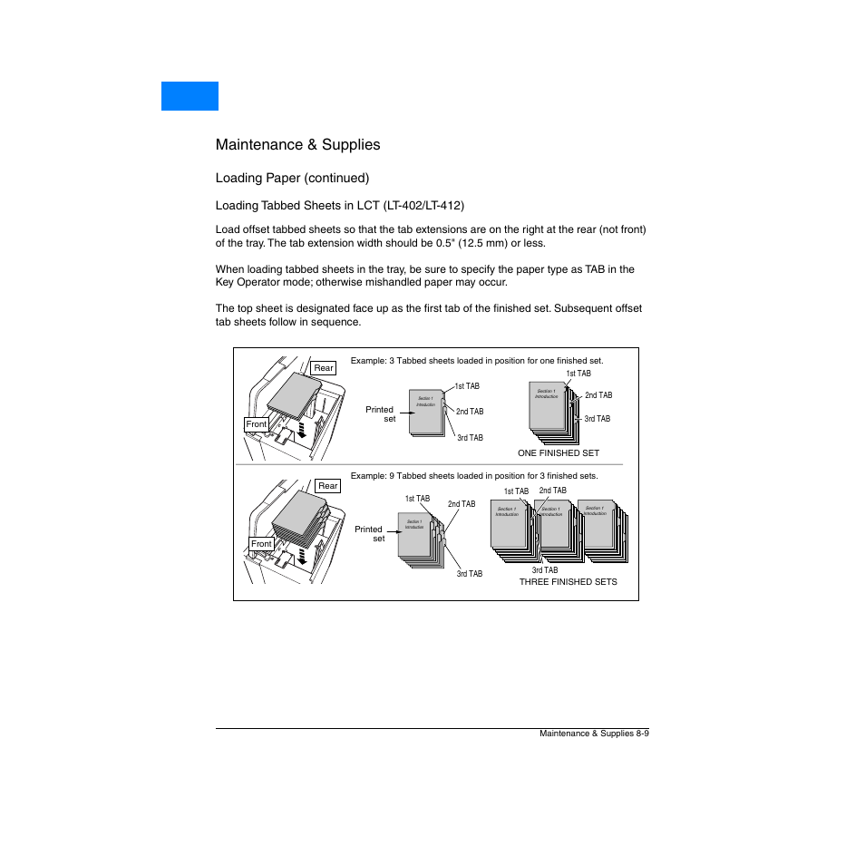 Loading tabbed sheets in lct (lt-402/lt-412), Loading tabbed sheets in lct (lt-402/lt-412) -9, Maintenance & supplies | Home, Loading paper (continued) | Konica Minolta Network Printer User Manual | Page 107 / 164