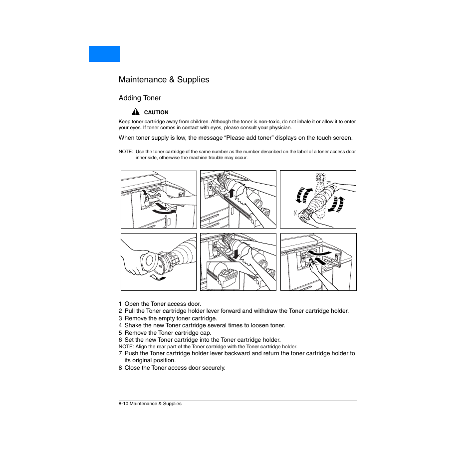 Adding toner, Adding toner -10, Maintenance & supplies | Home | Konica Minolta Network Printer User Manual | Page 108 / 164