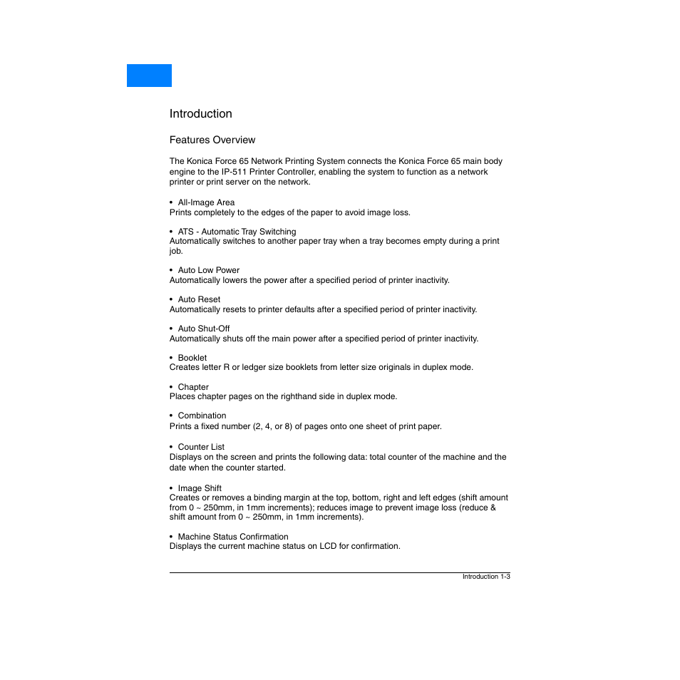 Features overview, Features overview -3, Introduction | Home | Konica Minolta Network Printer User Manual | Page 11 / 164