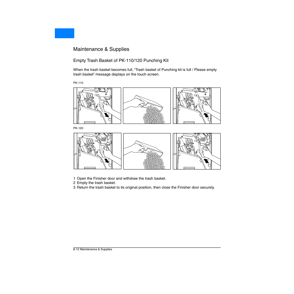 Empty trash basket of pk-110/120 punching kit, Empty trash basket of pk-110/120 punching kit -12, Maintenance & supplies | Home | Konica Minolta Network Printer User Manual | Page 110 / 164