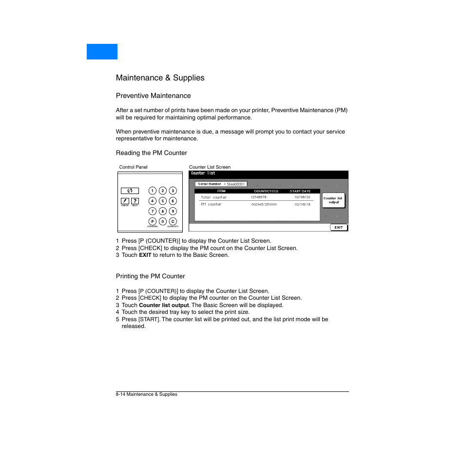Preventive maintenance, Reading the pm counter, Printing the pm counter | Preventive maintenance -14, Reading the pm counter -14, Printing the pm counter -14, Maintenance & supplies, Home | Konica Minolta Network Printer User Manual | Page 112 / 164