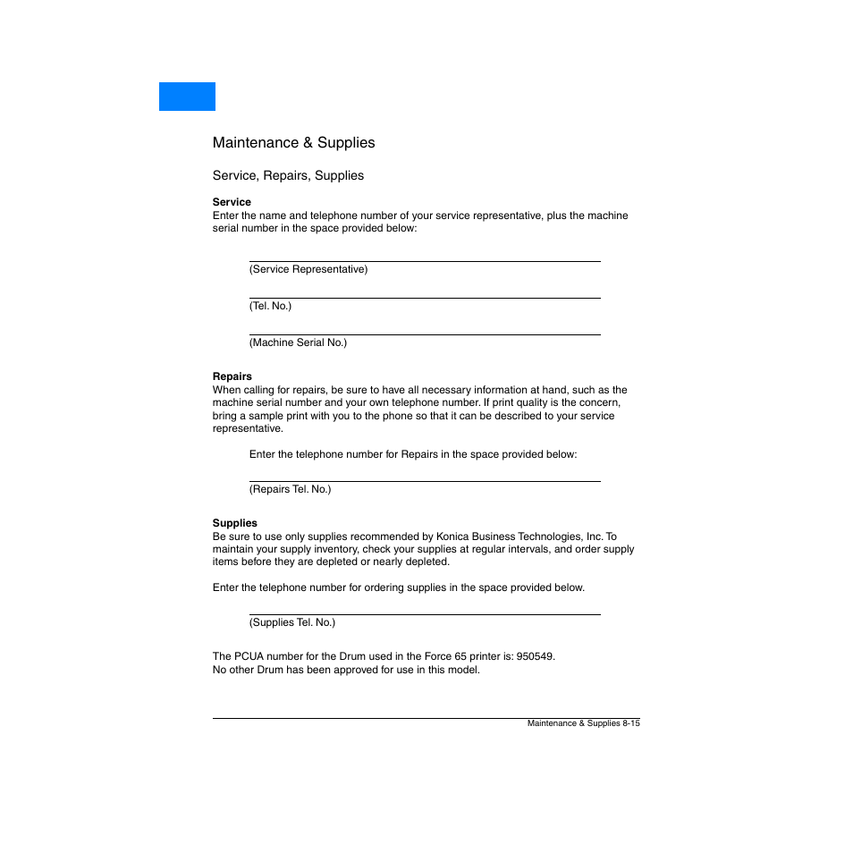 Service, repairs, supplies, Service, repairs, supplies -15, Maintenance & supplies | Home | Konica Minolta Network Printer User Manual | Page 113 / 164