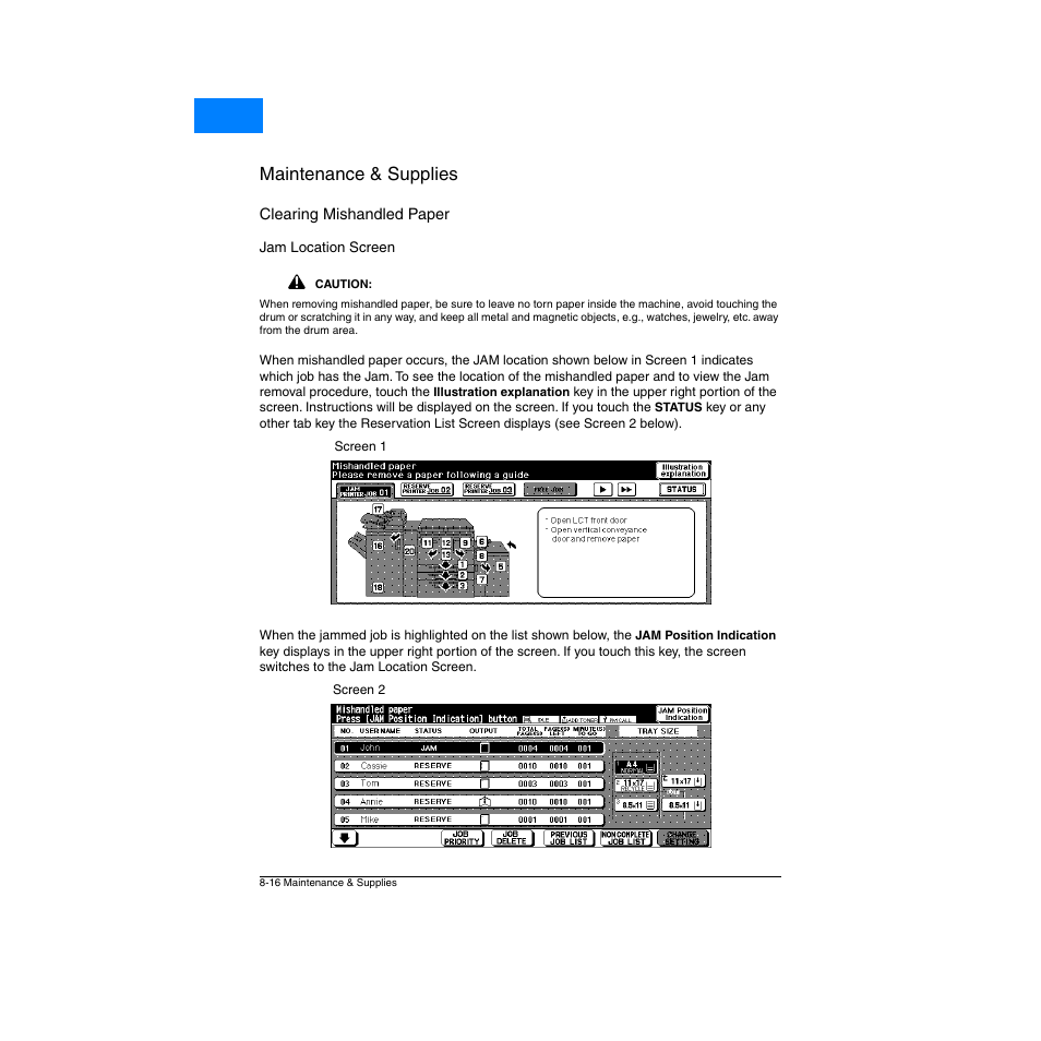 Clearing mishandled paper, Jam location screen, Clearing mishandled paper -16 | Jam location screen -16, Maintenance & supplies, Home | Konica Minolta Network Printer User Manual | Page 114 / 164