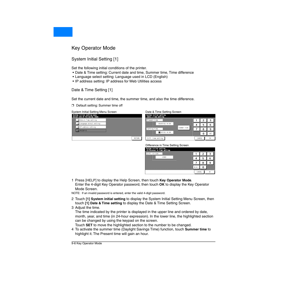 System initial setting [1, Date & time setting [1, System initial setting [1] -6 | Date & time setting [1] -6, Key operator mode, Home | Konica Minolta Network Printer User Manual | Page 122 / 164
