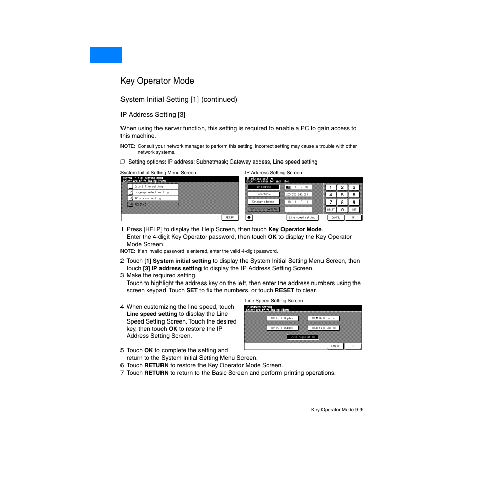 Ip address setting [3, Ip address setting [3] -9, Key operator mode | Home | Konica Minolta Network Printer User Manual | Page 125 / 164