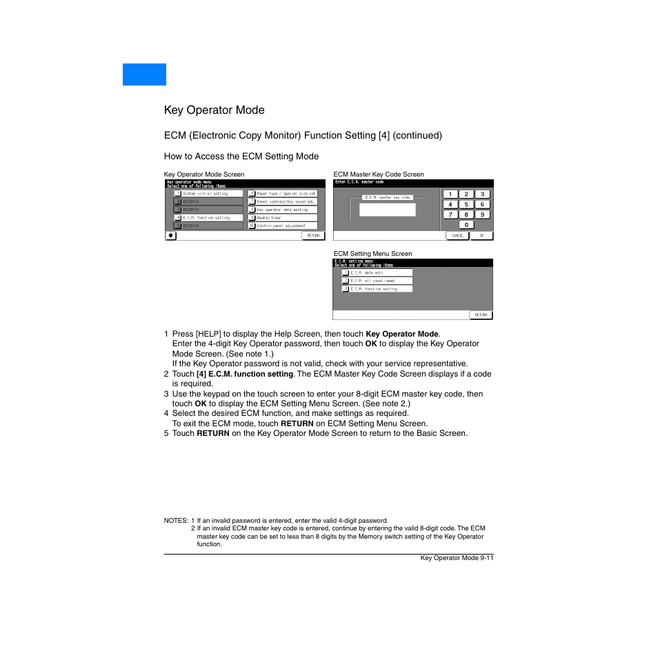 How to access the ecm setting mode, How to access the ecm setting mode -11, Key operator mode | Home | Konica Minolta Network Printer User Manual | Page 127 / 164