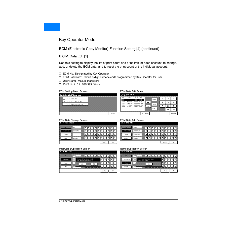 E.c.m. data edit [1, E.c.m. data edit [1] -12, Key operator mode | Home | Konica Minolta Network Printer User Manual | Page 128 / 164