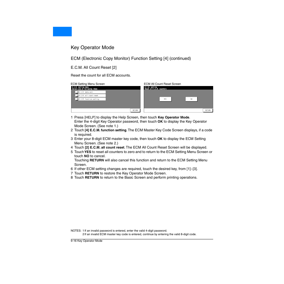 E.c.m. all count reset [2, E.c.m. all count reset [2] -16, Key operator mode | Home | Konica Minolta Network Printer User Manual | Page 132 / 164