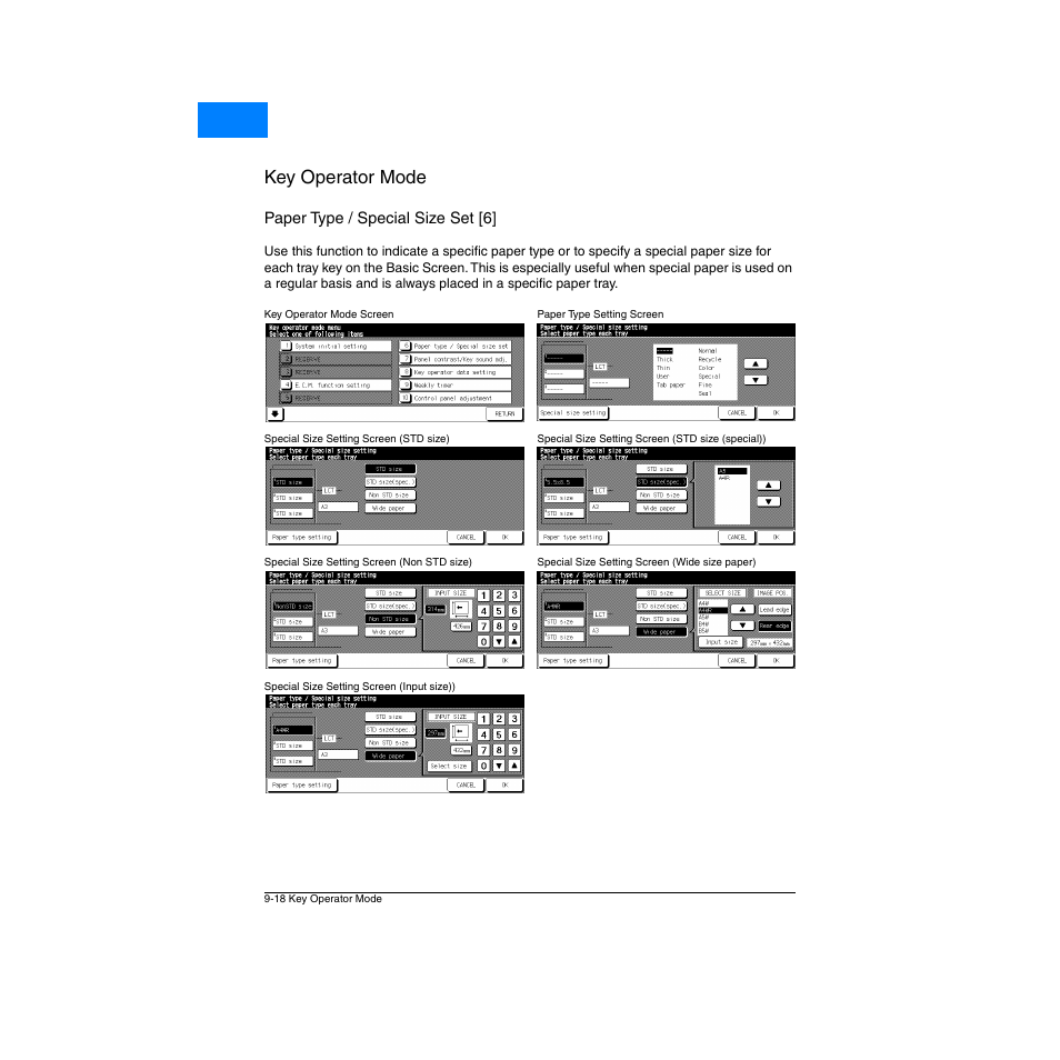 Paper type / special size set [6, Paper type / special size set [6] -18, Key operator mode | Home | Konica Minolta Network Printer User Manual | Page 134 / 164