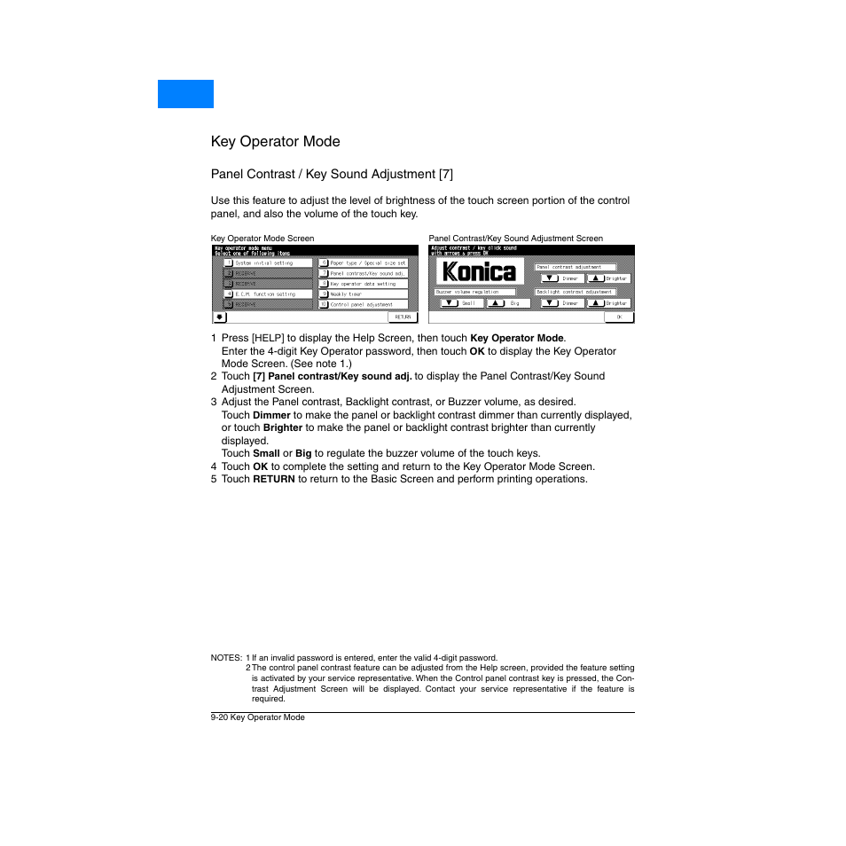 Panel contrast / key sound adjustment [7, Panel contrast / key sound adjustment [7] -20, Key operator mode | Home | Konica Minolta Network Printer User Manual | Page 136 / 164