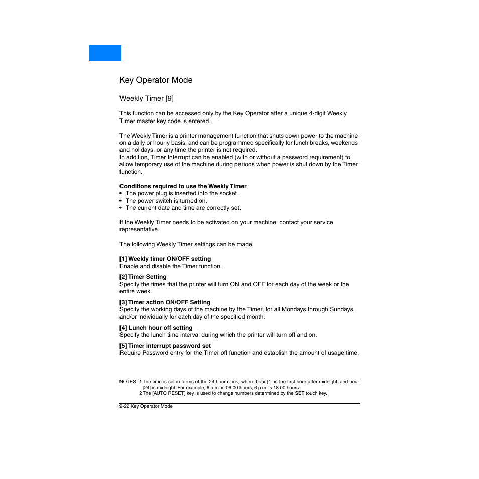 Weekly timer [9, Weekly timer [9] -22, Key operator mode | Home | Konica Minolta Network Printer User Manual | Page 138 / 164