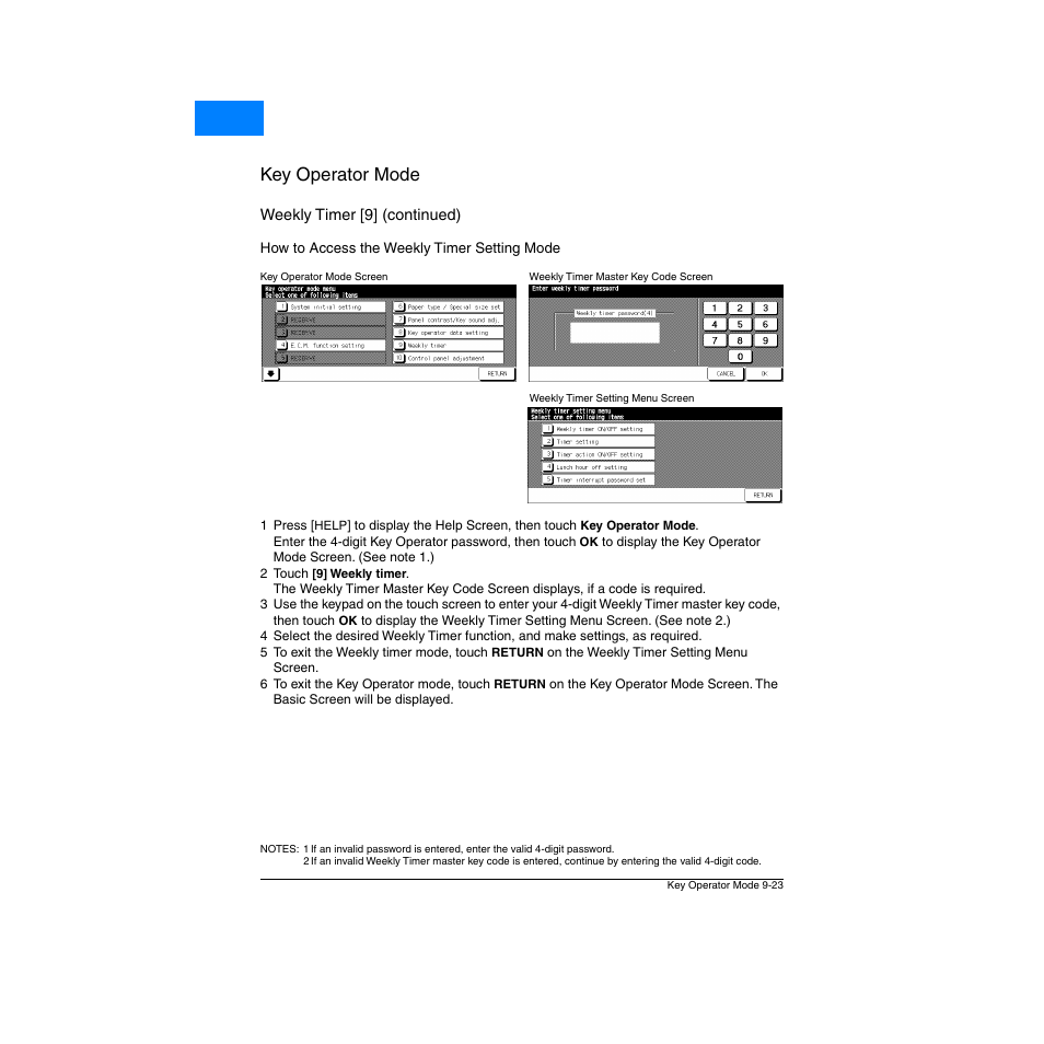 How to access the weekly timer setting mode, How to access the weekly timer setting mode -23, Key operator mode | Home | Konica Minolta Network Printer User Manual | Page 139 / 164