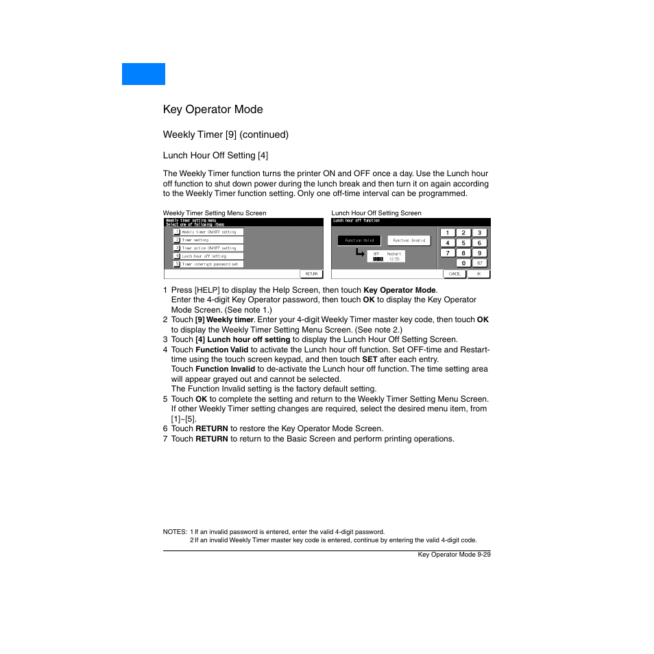 Lunch hour off setting [4, Lunch hour off setting [4] -29, Key operator mode | Home | Konica Minolta Network Printer User Manual | Page 145 / 164