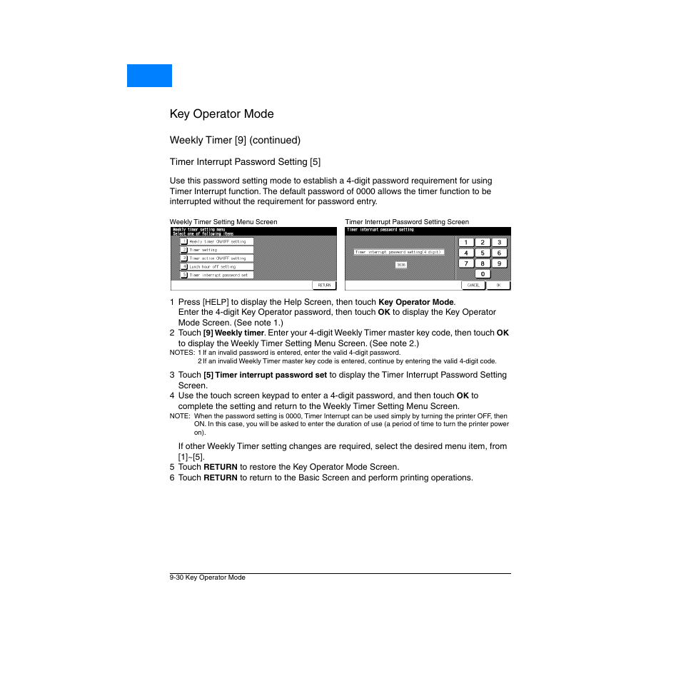 Timer interrupt password setting [5, Timer interrupt password setting [5] -30, Key operator mode | Home | Konica Minolta Network Printer User Manual | Page 146 / 164
