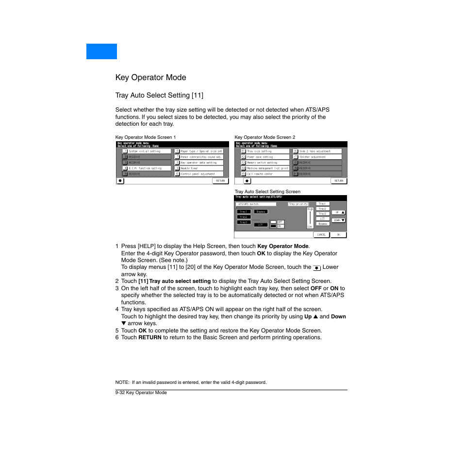 Tray auto select setting [11, Tray auto select setting [11] -32, Key operator mode | Home | Konica Minolta Network Printer User Manual | Page 148 / 164