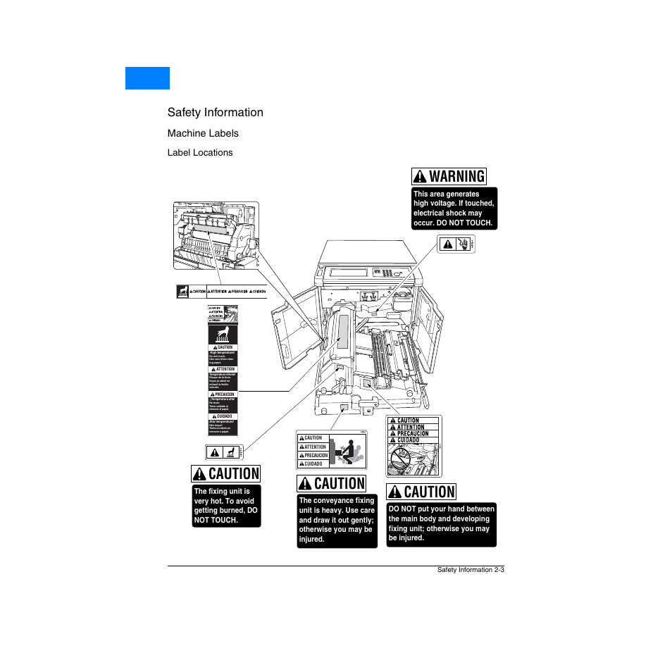 Machine labels, Label locations, Machine labels -3 | Label locations -3, Caution, Caution warning, Safety information, Home | Konica Minolta Network Printer User Manual | Page 17 / 164