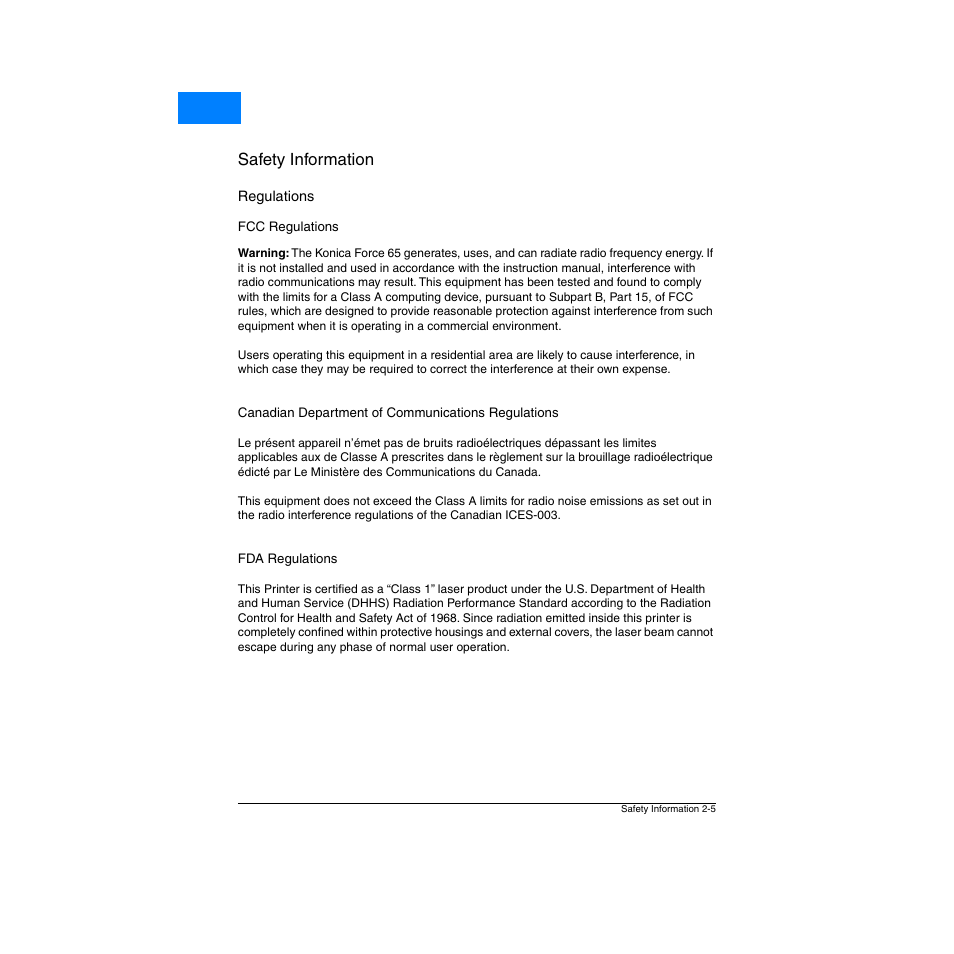 Regulations, Fcc regulations, Canadian department of communications regulations | Fda regulations, Regulations -5, Fcc regulations -5, Fda regulations -5 | Konica Minolta Network Printer User Manual | Page 19 / 164