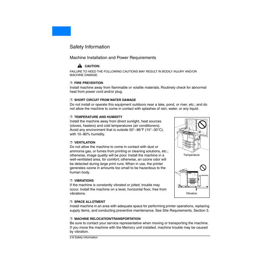 Machine installation and power requirements, Machine installation and power requirements -6, Safety information | Home | Konica Minolta Network Printer User Manual | Page 20 / 164