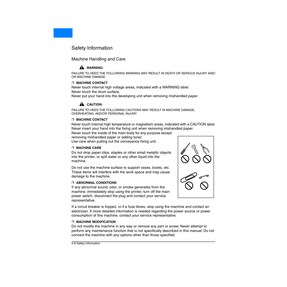 Machine handling and care, Machine handling and care -8, Safety information | Home | Konica Minolta Network Printer User Manual | Page 22 / 164
