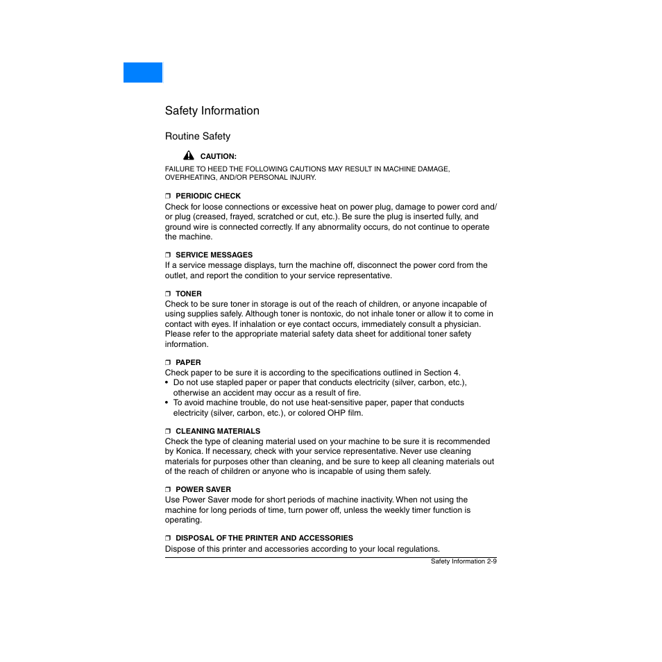 Routine safety, Routine safety -9, Safety information | Home | Konica Minolta Network Printer User Manual | Page 23 / 164