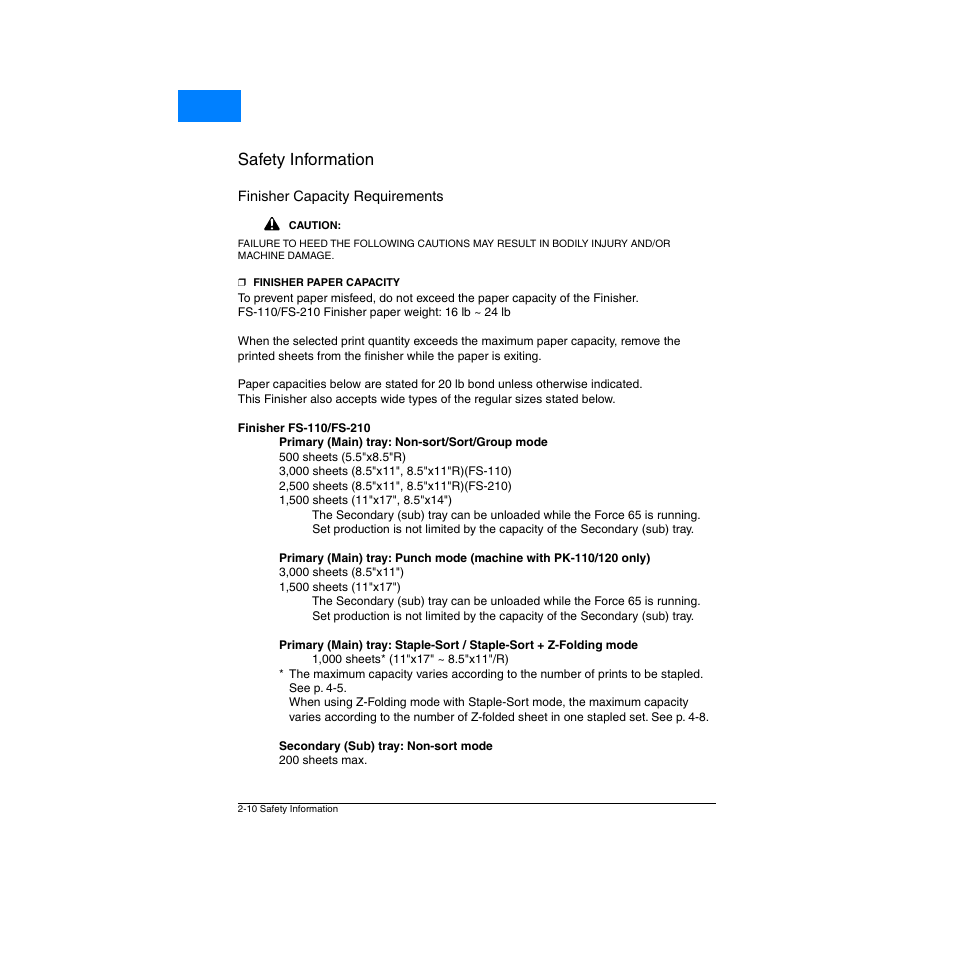 Finisher capacity requirements, Finisher capacity requirements -10, Safety information | Home | Konica Minolta Network Printer User Manual | Page 24 / 164