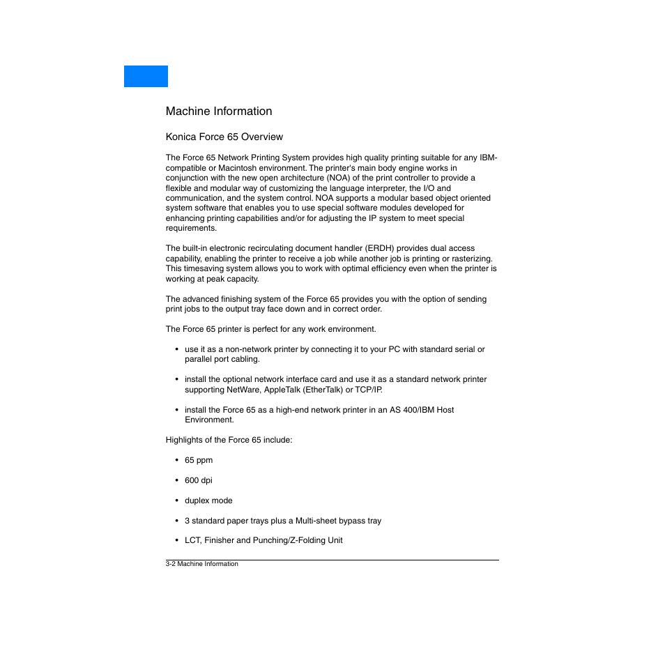 Konica force 65 overview, Konica force 65 overview -2, Machine information | Home | Konica Minolta Network Printer User Manual | Page 28 / 164
