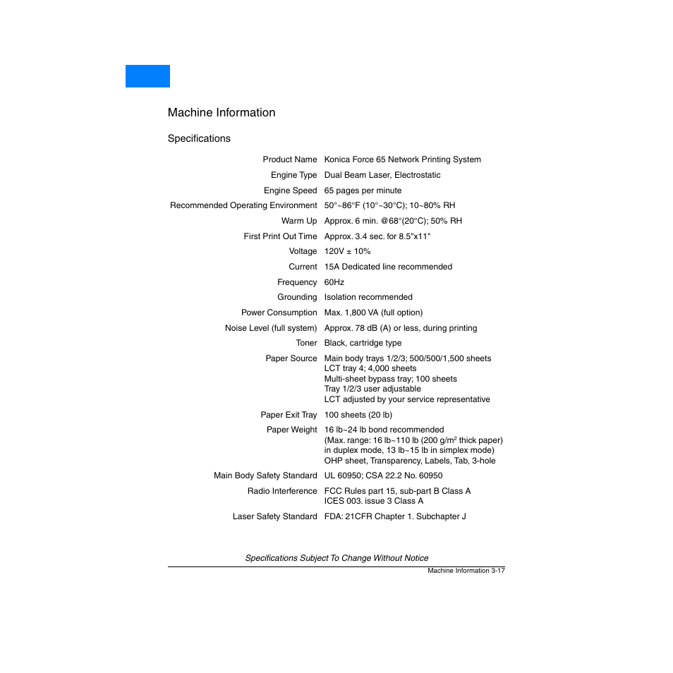 Specifications, Specifications -17, Machine information | Home | Konica Minolta Network Printer User Manual | Page 43 / 164