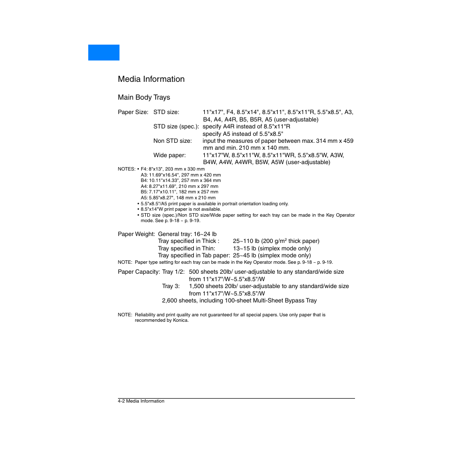 Main body trays, Main body trays -2, Media information | Home | Konica Minolta Network Printer User Manual | Page 50 / 164