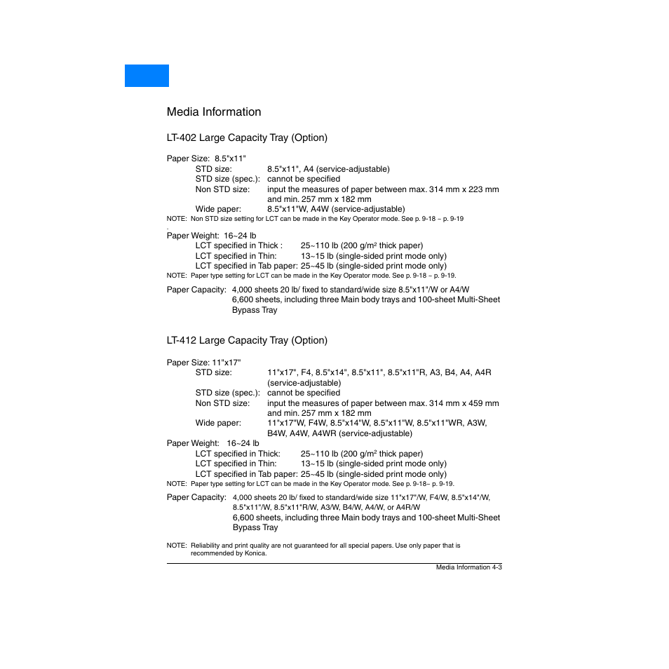Lt-402 large capacity tray (option), Lt-412 large capacity tray (option), Lt-402 large capacity tray (option) -3 | Lt-412 large capacity tray (option) -3, Media information, Home | Konica Minolta Network Printer User Manual | Page 51 / 164