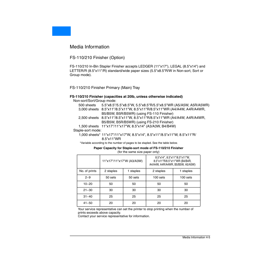 Fs-110/210 finisher (option), Fs-110/210 finisher primary (main) tray, Fs-110/210 finisher (option) -5 | Fs-110/210 finisher primary (main) tray -5, Media information, Home | Konica Minolta Network Printer User Manual | Page 53 / 164