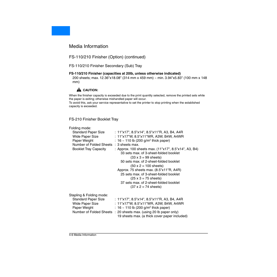 Fs-110/210 finisher secondary (sub) tray, Fs-210 finisher booklet tray, Fs-110/210 finisher secondary (sub) tray -6 | Fs-210 finisher booklet tray -6, Media information, Home | Konica Minolta Network Printer User Manual | Page 54 / 164