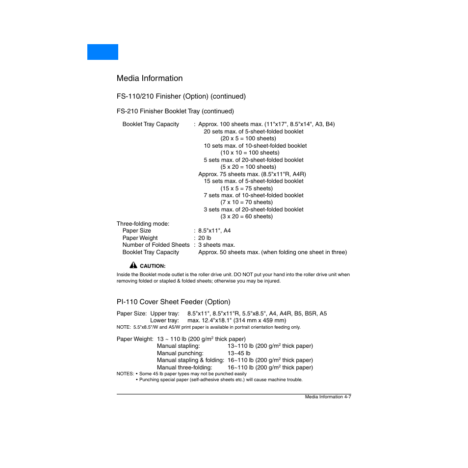 Pi-110 cover sheet feeder (option), Pi-110 cover sheet feeder (option) -7, Media information | Home | Konica Minolta Network Printer User Manual | Page 55 / 164