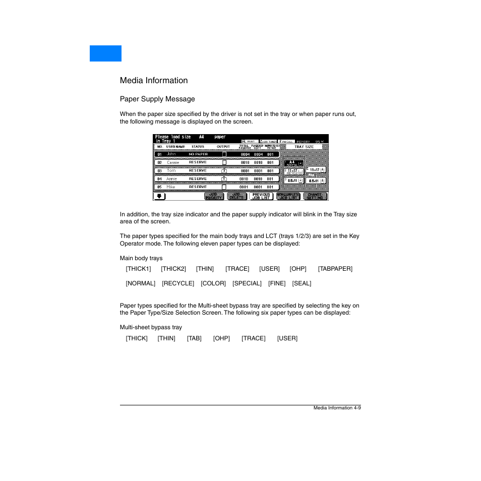 Paper supply message, Paper supply message -9, Media information | Home | Konica Minolta Network Printer User Manual | Page 57 / 164