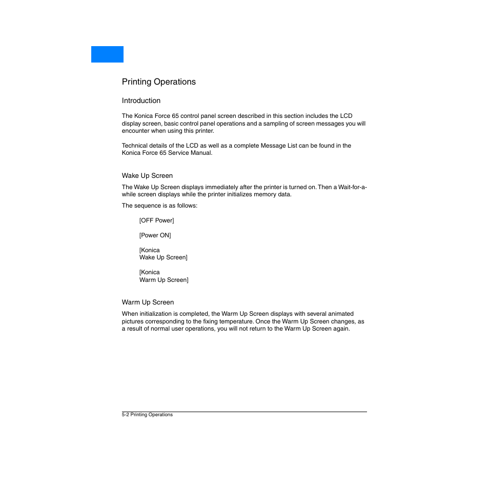 Introduction, Wake up screen, Warm up screen | Introduction -2, Wake up screen -2 warm up screen -2, Wake up screen -2, Warm up screen -2 | Konica Minolta Network Printer User Manual | Page 60 / 164